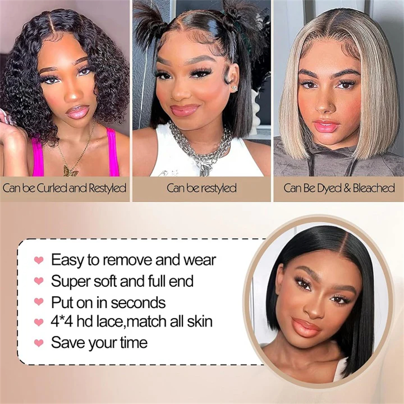 4x4 Lace Front Short Bob Wig Glueless Original Human Hair Wigs Raw Indian Natural Transparent for Lace Frontal
