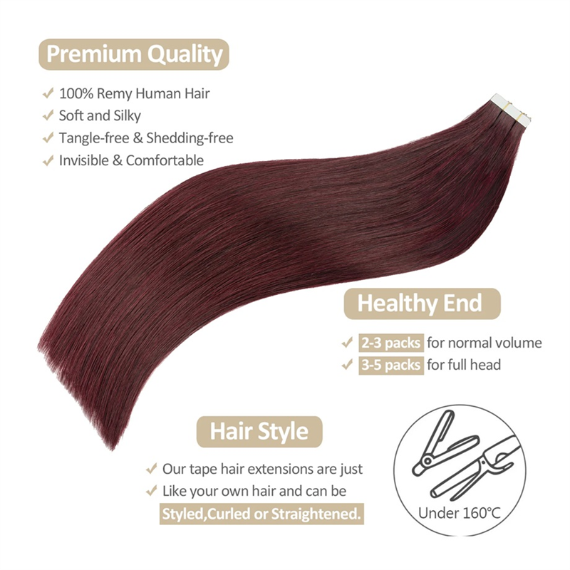 #99J Burgundy Vietnamese Remy Human Hair Extensions with Invisible Skin Wefts Machine Double Weft Strong Adhesive Tape
