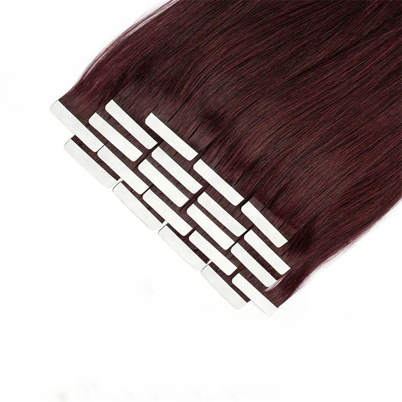 #99J Burgundy Vietnamese Remy Human Hair Extensions with Invisible Skin Wefts Machine Double Weft Strong Adhesive Tape