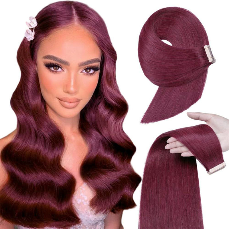 #99J Burgundy Vietnamese Remy Human Hair Extensions with Invisible Skin Wefts Machine Double Weft Strong Adhesive Tape