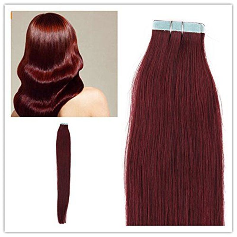 #99J Burgundy Vietnamese Remy Human Hair Extensions with Invisible Skin Wefts Machine Double Weft Strong Adhesive Tape