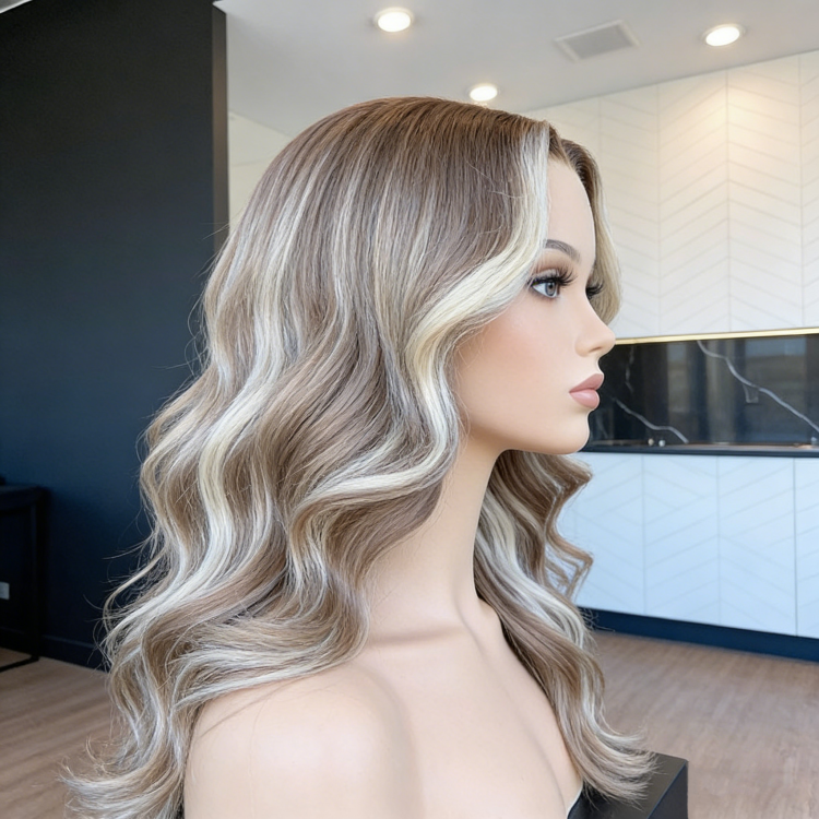 Highlight Ash Blonde Remy Cambodian Human Hair Lace Front Wig Wholesale Pre Plucked Medium Wavy for Glueless Lace Transparent