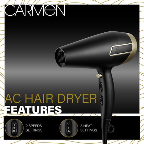 Carmen Ebony 1500W AC Hair Dryer Black Gold