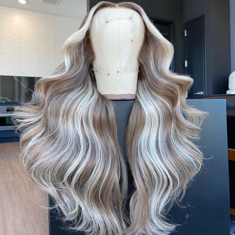 Wholesale 1 Piece Highlight Ash Blonde Remy Human Hair Wig Pre Plucked Medium Wavy HD Transparent Glueless for Lace Women