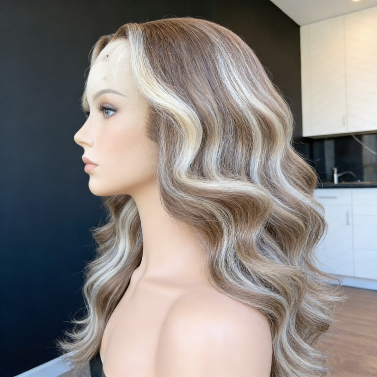 Wholesale 1 Piece Highlight Ash Blonde Remy Human Hair Wig Pre Plucked Medium Wavy HD Transparent Glueless for Lace Women
