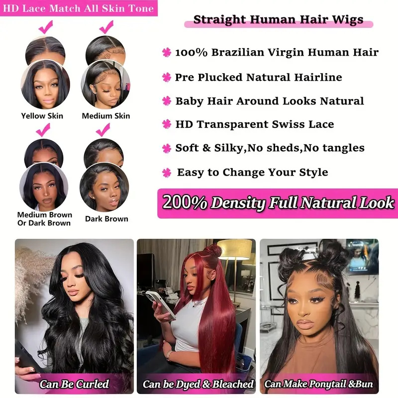Natural Black Straight Indian Remy Virgin Lace Front Wigs Human Hair 180% Density HD Transparent Lace Wig for Women