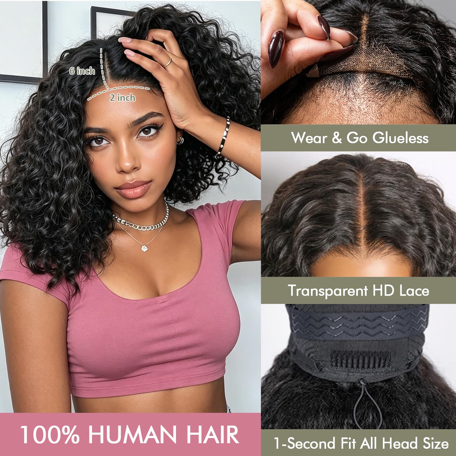 Curly Bob Glueless Lace Front Wigs Chinese Hair 2x6 HD Lace Wear 180 Density Deep Wave Short Bob Women Natural Color