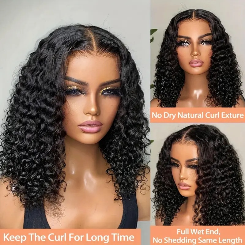 Human Hair Front Lace Short Bob Double Drawn Water Wave Wig Foreign Trade